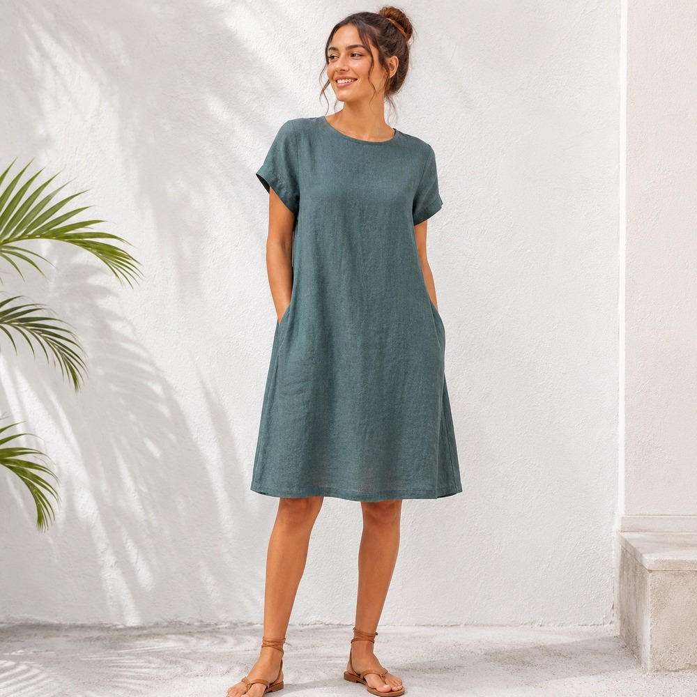 LinenMe 100% Linen Dress‎ Womens L Sage Green Layered Zip Lagenlook Lithuania